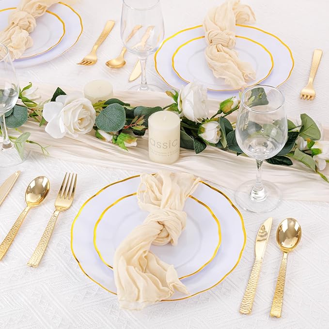 supernal 60 pcs White and Gold Plastic Plates for Party Fancy Elegant Scalloped Plates Heavy Duty Bridal Shower Plate Wedding Disposable Dinnerware Included 30 Gold Dessert Plate and 30 Dinner Plate