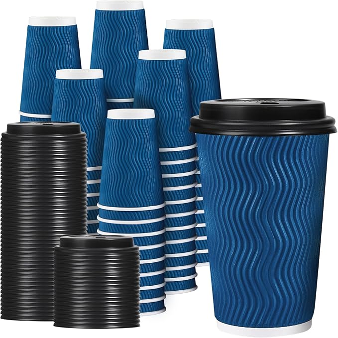 Lamosi 16 OZ Disposable Coffee Cups with Lids 100 Pack, Paper Insulated Corrugated Ripple Wall Cup for Hot Beverages