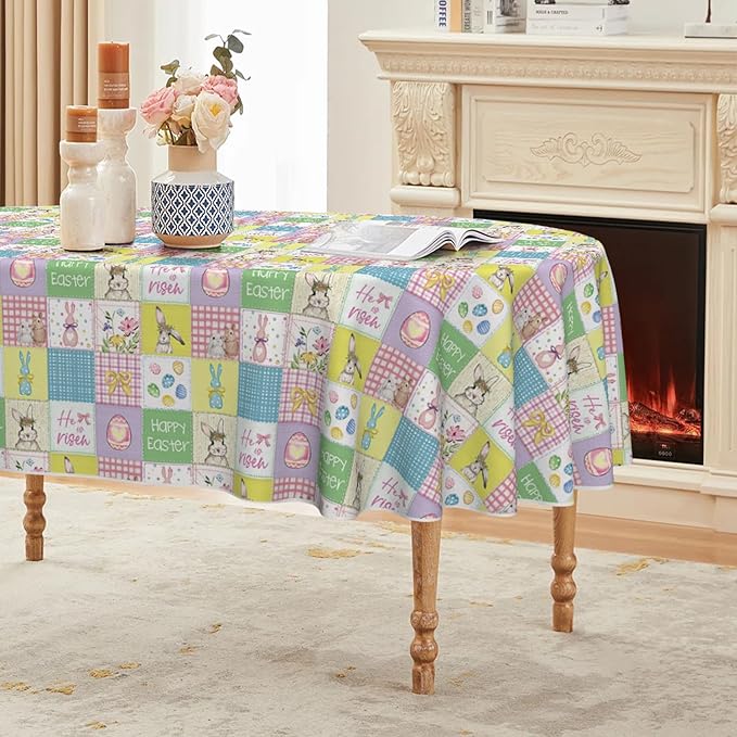 Horaldaily Easter Tablecloth 60×84 Inch Oval, Plaid Bunny Rabbits Easter Egg Anemone Bowknot Colorful Washable Seasonal Table Cover for Party Picnic Dinner Decor