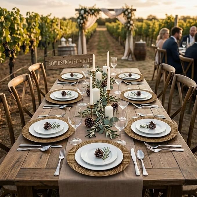 Rattan Chargers for Dinner Plates, 13" Antique Gold Charger Plates, Set of 6 Round Plastic Woven Texture Matte Finish for Wedding & Party (513BR)