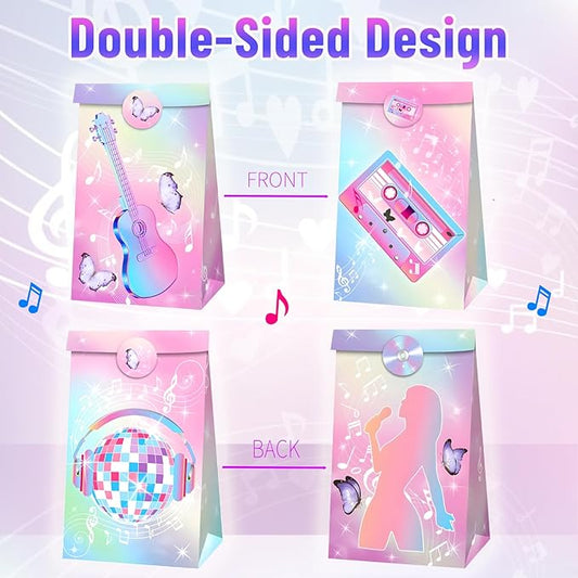Inshinern Popular Singer Party Favors Bag Pink-Purple Decorations Pop Music Goodie Treat Bags 2 Styles Paper Gift Bag for Musical Theme Birthday Party,Graduations,Weddings,Bridal Baby Shower (12 Pcs)