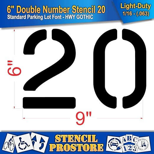 Pavement, Curb, and WheelStop Stencils - 6 inch Double Number Stencil - (20) - 6" x 9" x 1/16" (63 mil) - Light-Duty