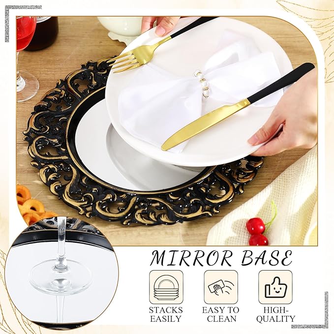 Maxdot 6 Pcs 13" Mirror Charger Plates for Dinner Plates Plastic Round Embossed Edge Dinner Chargers for Table Setting Wedding Party Christmas Holiday Supplies Elegant Tabletop (Black and Gold)
