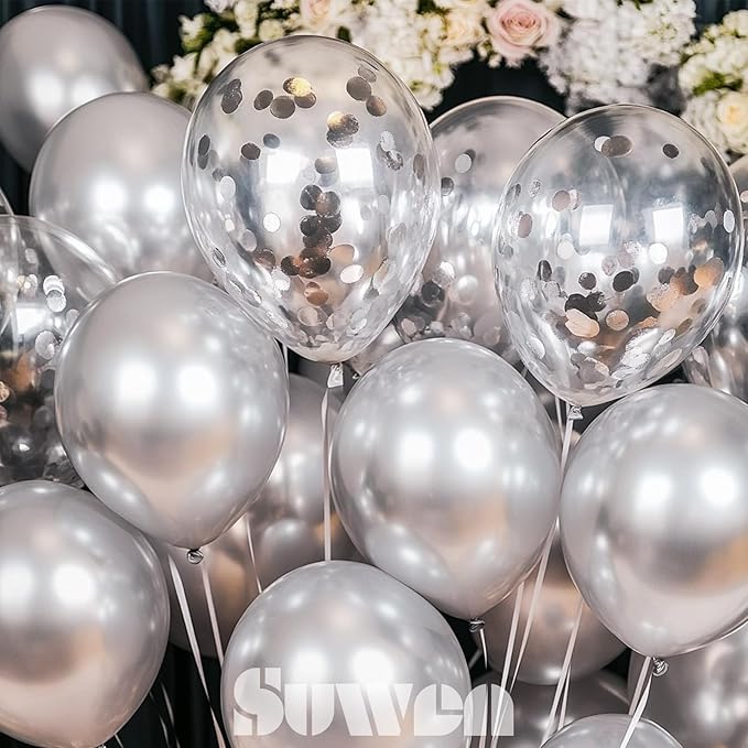 SUWEN Silver Metallic Balloons and Confetti Balloons Set 47PCS Latex Helium Chrome Silver Balloon for Birthday Graduation Anniversary Party Decorations