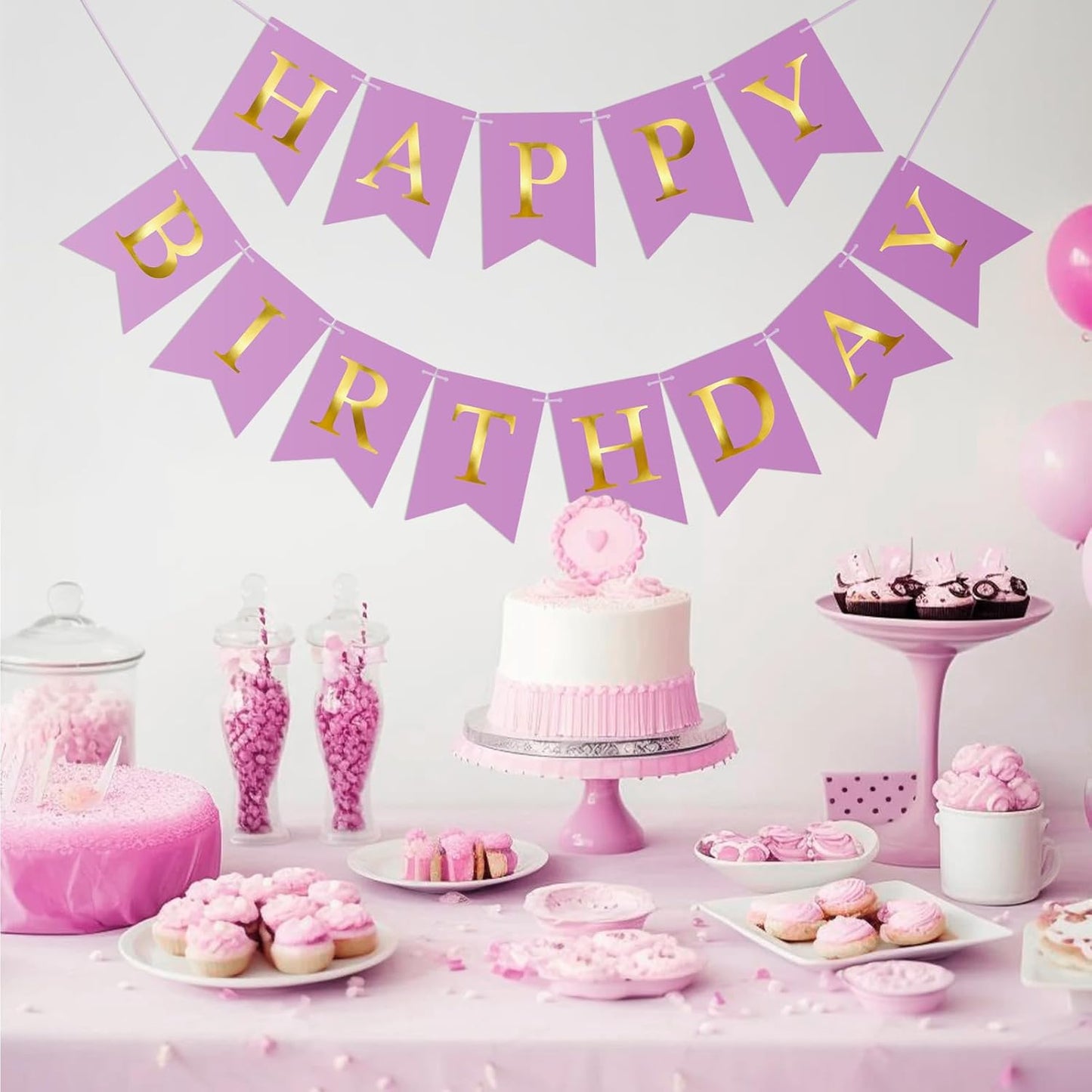 Purple Happy Birthday Banner Birthday Party Banner NO DIY Happy Birthday Sign Pre-Strung Birthday Hanging Decoration for Women Men Girl Boy Party Supplies (Purple and Gold)