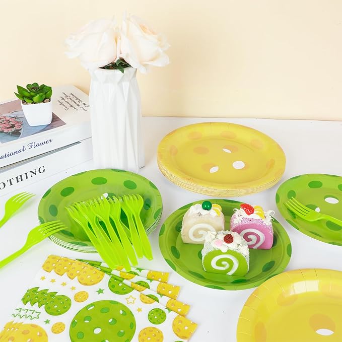 OBUSATT 96Pcs Pickleball Party Decorations Pickleball Birthday Party Plates and Napkins Supplies Disposable Dessert Tableware for Pickle Ball Birthday Baby Shower Serve 24, colourful