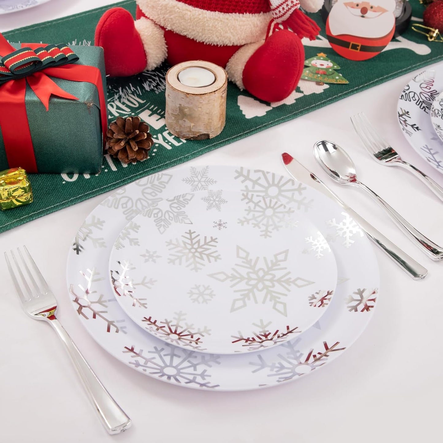 WDF 50 Pieces Plastic Christmas Plates - White and Silver Plates with Snowflake include 25 Dinner Plates, 25 Salad Plates - Disposable Silver Plastic Plates for Christmas Party, Winter