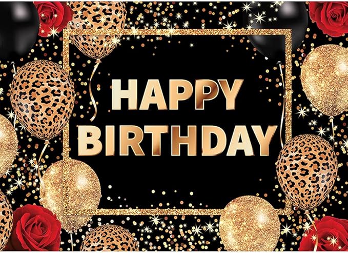 Homewelle Leopard Print Happy Birthday Backdrop Black Gold Red Cheetah Print Banner for Woman Men Polyester Fabric 7Wx5H Balloon Rose Cool Party Celebration Photography Background Photo Shoot Props