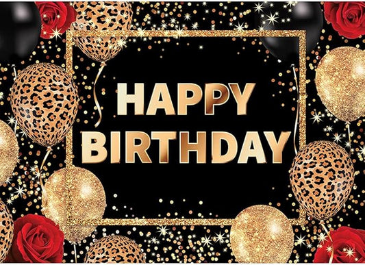 Homewelle Leopard Print Happy Birthday Backdrop Black Gold Red Cheetah Print Banner for Woman Men Polyester Fabric 7Wx5H Balloon Rose Cool Party Celebration Photography Background Photo Shoot Props