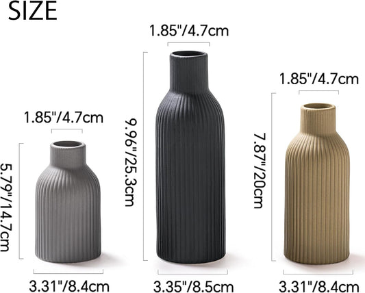 Ceramic Vase Set of 3, Modern Minimalist Ribbed Small Flower Vase Table Centerpiece Decorative for Home Decor Farmhouse Christmas Colorful