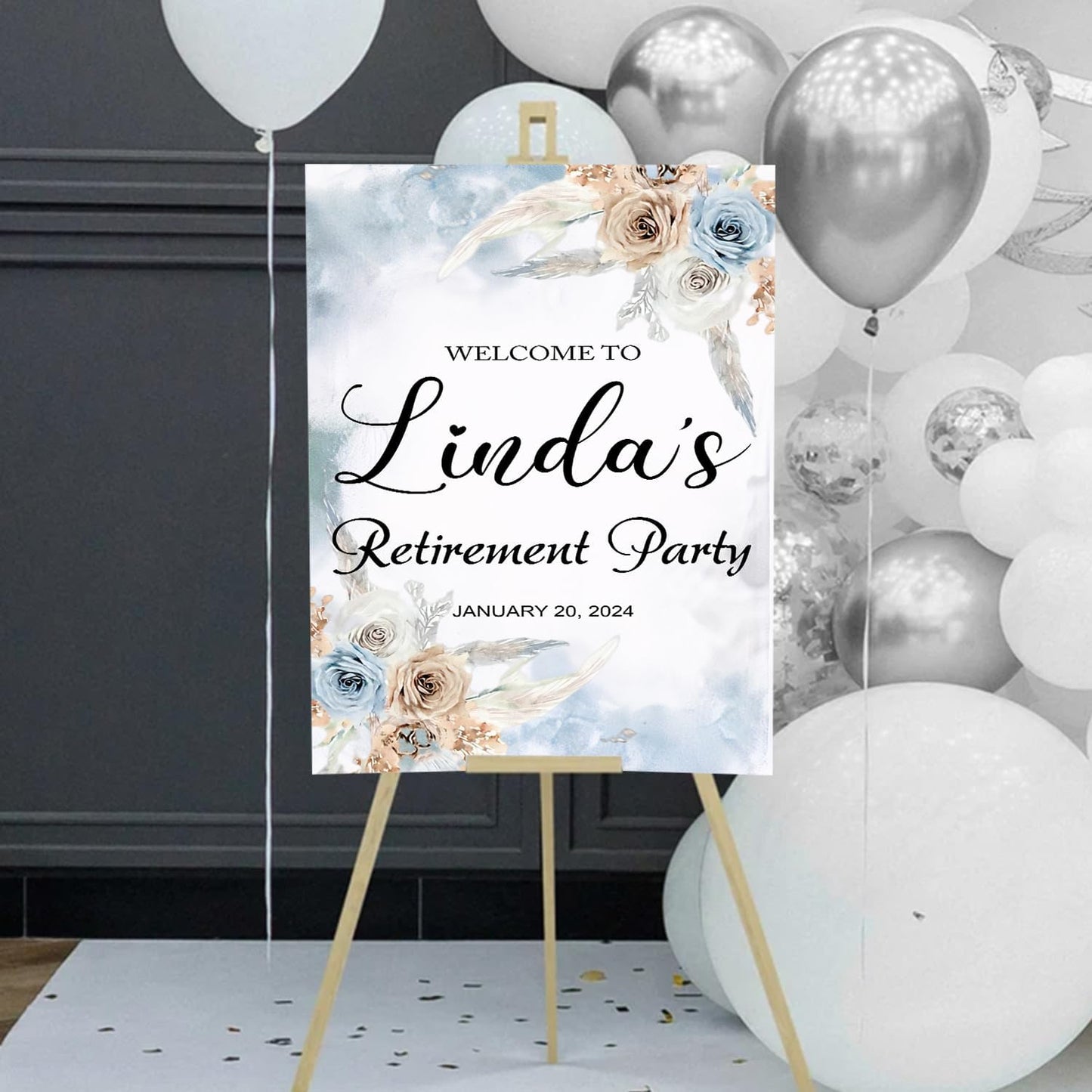 Boho Blue Retirement Welcome Sign - Floral Bridal Shower Decor, Outdoor Printed
