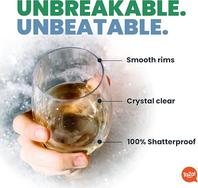 TaZa Outdoor Wine Glasses Stemless, 20oz Set of 4, Unbreakable Tritan Plastic Drinkware, Dishwasher Safe Reusable Glasses, Clear Shatterproof Glassware