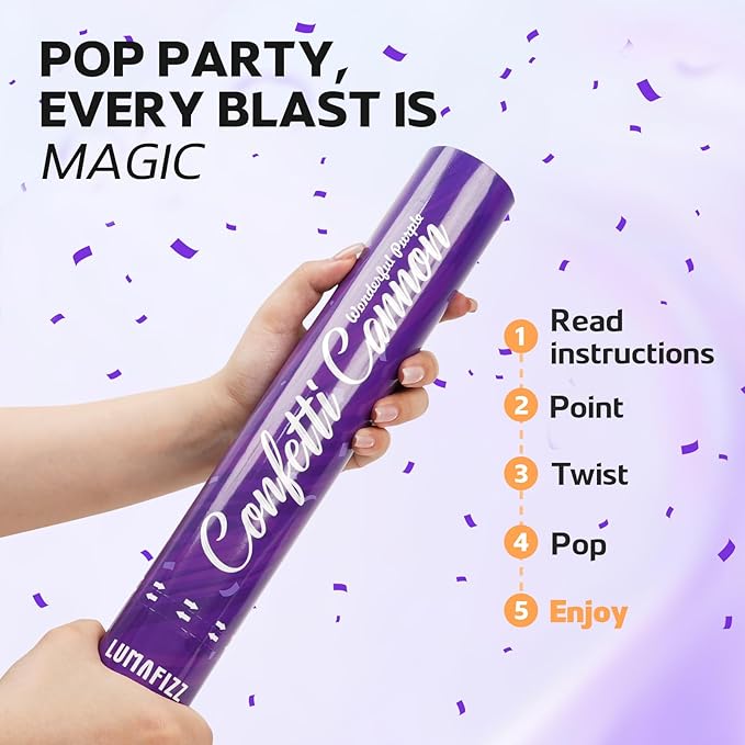 [6 Pack] 12 Inch Biodegradable Purple Confetti Poppers | Confetti Cannons for Wedding Celebration, Birthday PartyChristmas Eve and New Year Celebration
