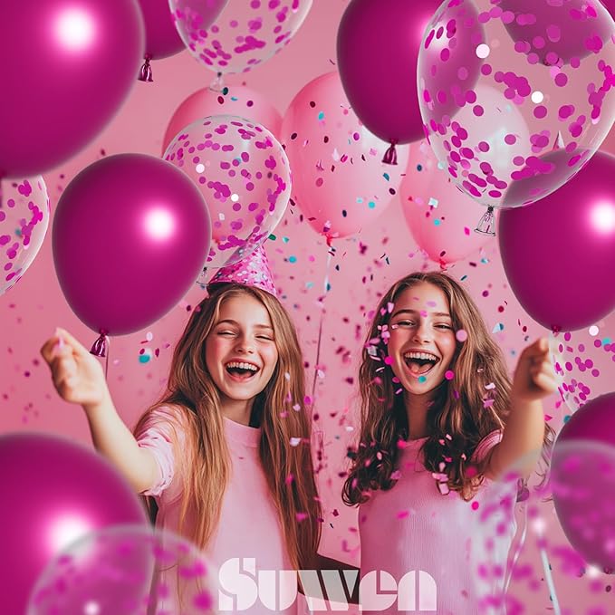 SUWEN Metallic Hot Pink Balloons and Confetti Balloons Set 47PCS Latex Helium Chrome Magenta Balloon for Birthday Valentine Anniversary Party Decorations