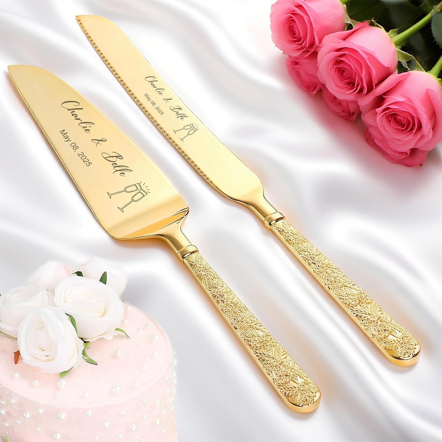 Custom Cake Cutting Set for Wedding Cake Knife and Server Set Personalized Gold Cake Cutter Gift for Anniversary Birthday Christmas