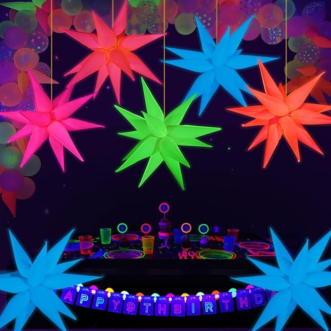 Mega-L Glow in The Dark Party Supplies, 5 Pcs Neon Explosion Star Balloons Kit, Neon Party Decorations, DIY Neon Balloon with 12 point Cone Balloons for Arches Birthday Wedding Carnival