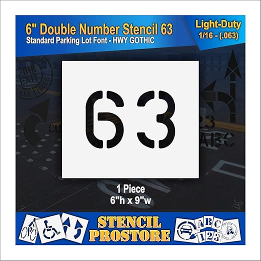 Pavement, Curb, and WheelStop Stencils - 6 inch Double Number Stencil - (63) - 6" x 9" x 1/16" (63 mil) - Light-Duty