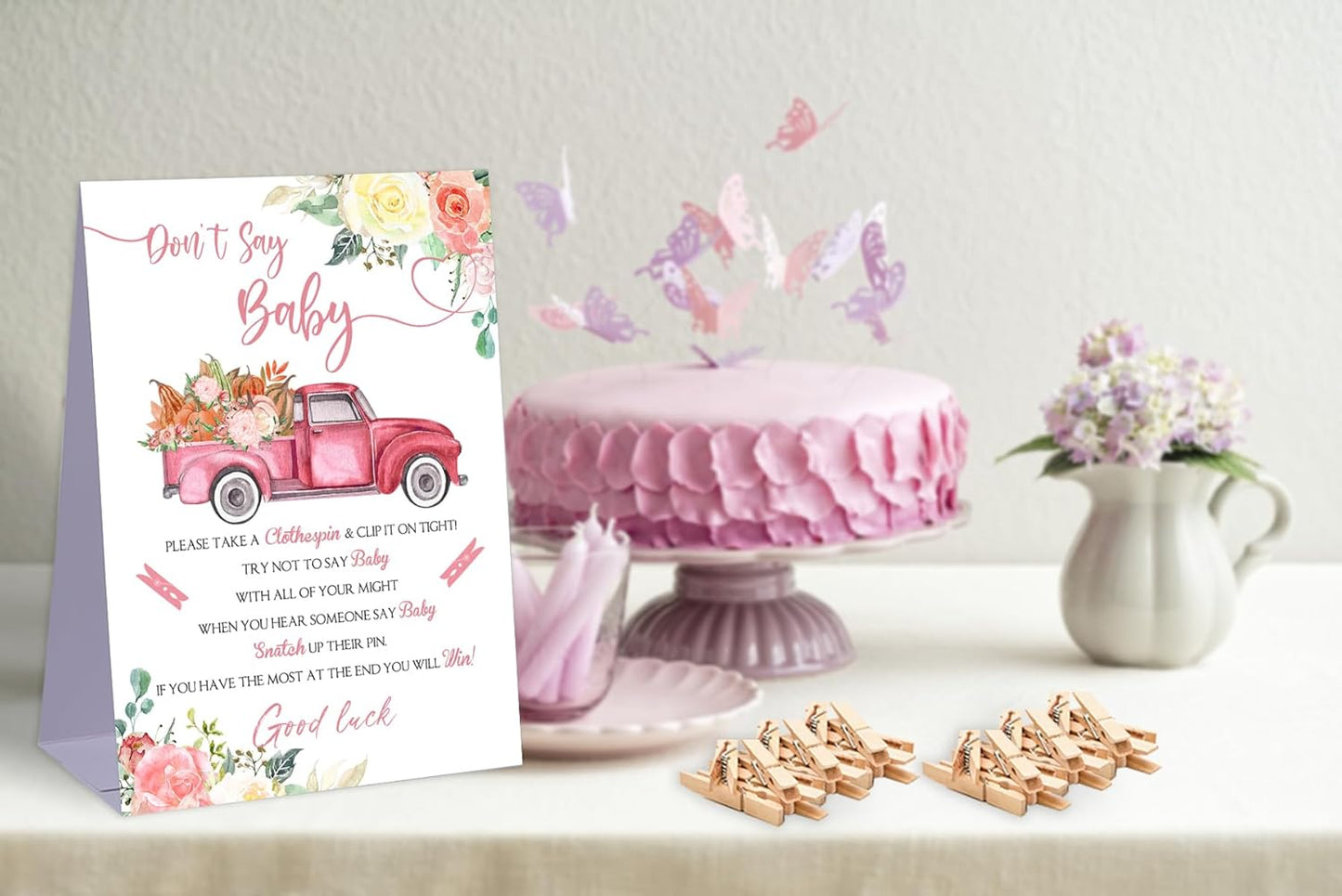 Don't Say Baby Baby Shower Game,Little Pumpkin Truck Baby Shower Decorations,Rustic Baby Shower Decorations,Neutral Baby Shower Decorations,Baby Shower Game Ideas,1 Sign & 50 Mini Clothespins Set-B18