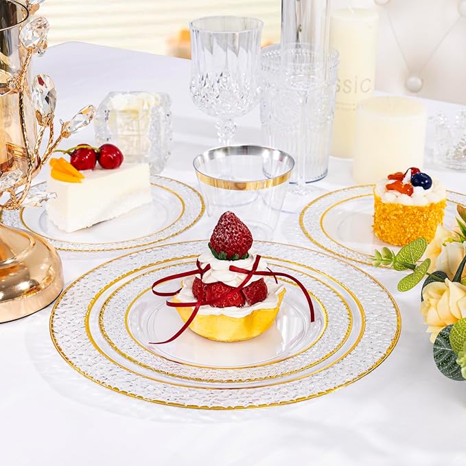 Ciaell 350PCS Clear Plastic Plates with Gold Trim for 50 Guests,Includes 100 Plastic Plates, 50 Pre Rolled Napkins with Gold Silverware, 50 Cups, Disposable Dinnerware Set for Wedding & Party