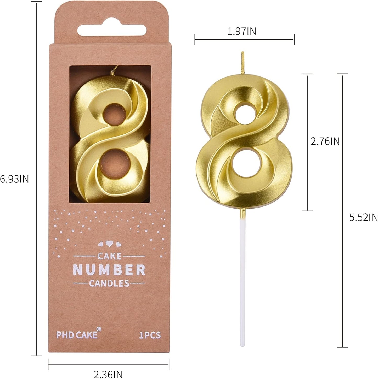 PHD CAKE 2.76 Inch Diamond Gold 8 Number Birthday Candles, Gold Number Candles, Cake Number Candles, Party Celebration