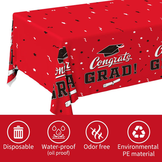 Graduation Party Decorations, Gongrats Grad Tablecover for Graduation Party Supplies, 3 pcs Class Red Table Cloths, 54"x108"