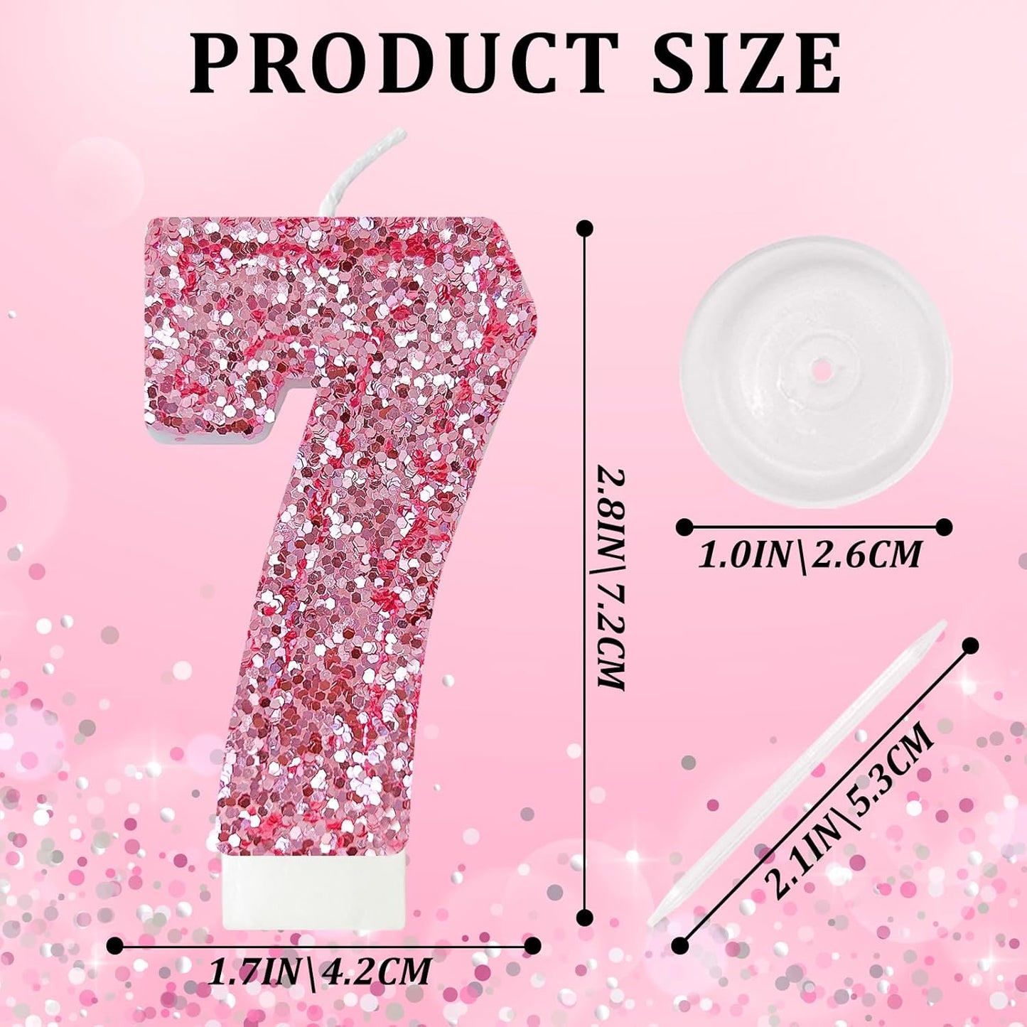 Birthday Number Candles, Glitter Number Candle Cake Decorations with Sequins, Cupcake Decorations for Girls, Women, Party Anniversary Celebrations (Number 7, Pink)