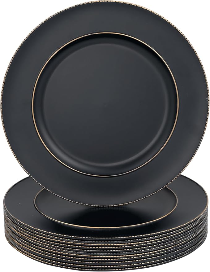 MAONAME Black Charger Plates, 13" Plastic Round Charger for Dinner Plates, Plate Chargers Set of 12, Beaded Table Chargers for Wedding, Table Setting