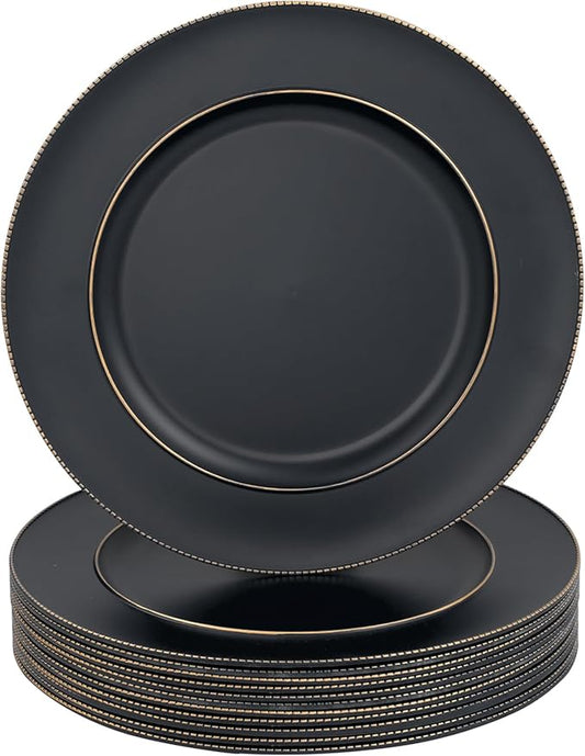 MAONAME Black Charger Plates, 13" Plastic Round Charger for Dinner Plates, Plate Chargers Set of 12, Beaded Table Chargers for Wedding, Table Setting
