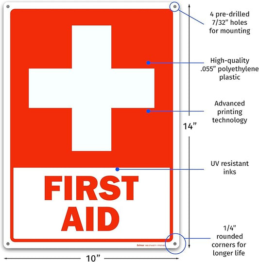 Brimar - 10 x 14" - First Aid Sign - .055″ Polyethylene Plastic - Clear Message - Standard Size