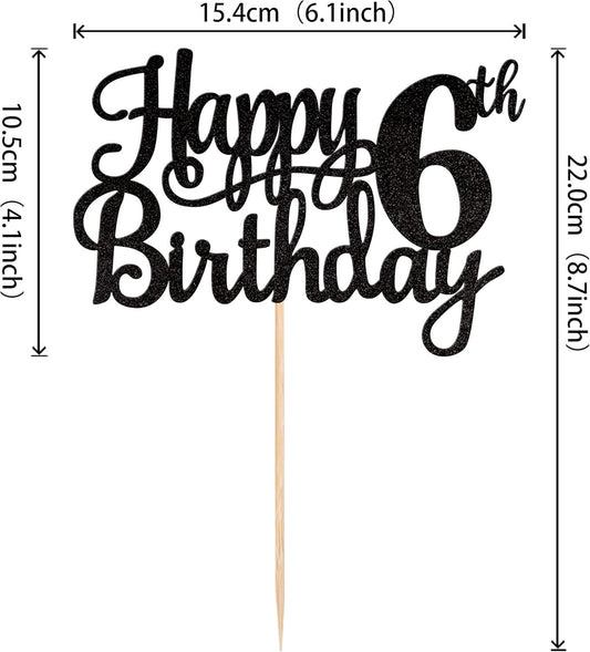 1 PCS Happy 6th Birthday Cake Topper Glitter Cheers to 6 Years Cake Pick Number 6 Fabulous Cake Decoration for 6th Birthday Theme Party Decorations Supplies Black