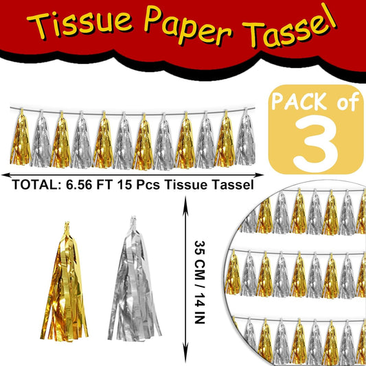 3P Gold Silver Tassel Banner Garland Metallic Foil Fringe Banner Tinsel Tassels Streamer Banner Backdrop for Parade Floats, Graduation Decorations, Father' Day, Halloween, Christmas Decorations