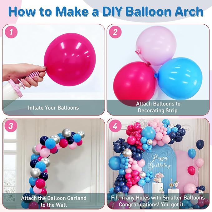 Blue Pink Balloon Garland Arch Kit, 167Pcs Pastel Hot Pink Navy Light Blue Silver Balloons for Gender Reveal Baby Shower Graduation Birthday Pool Hawaii Tropical Party