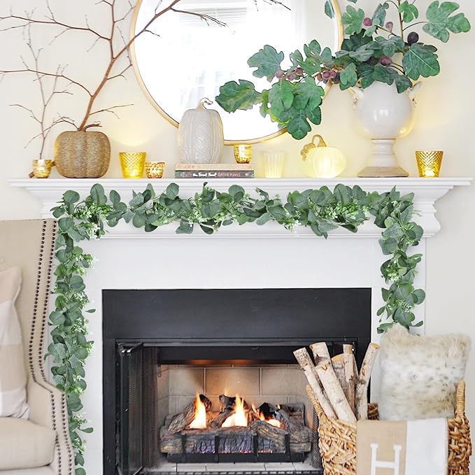 2 Pack Artificial Eucalyptus Garlands – 6ft Greenery Vines with Faux Eucalyptus Leaves, Butterfly Leaves, and White Flowers for Wedding Arch, Fireplace Mantel, Table, Doorway Decorations