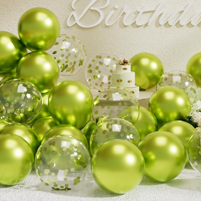 SUWEN Metallic Lime Green Balloons and Confetti Balloons Set 47PCS Latex Helium Chrome Neon Green Balloon for Birthday Anniversary Party Decorations