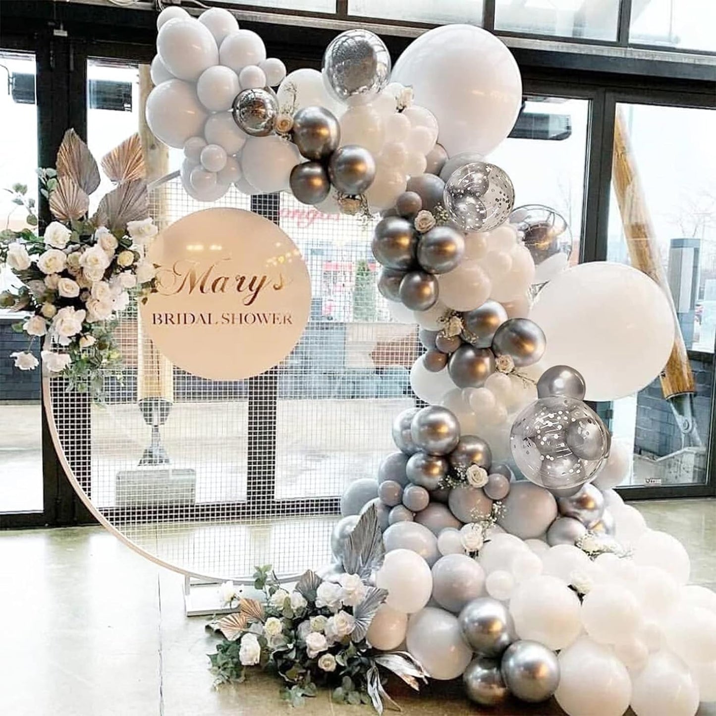 White and Silver Balloon Arch Kit, 140Pcs White Metallic Silver and Silver Confetti Party Balloon Garland Kit for Birthday, Wedding, Engagements, Baby Shower, Anniversary Party Decorations