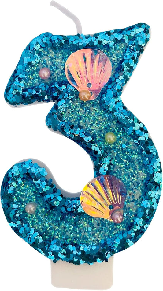 Blue Number Candle,Shell Sequins Number Candles for Birthday Cakes Mermaid Themed Party Supplies Number 3 Candle