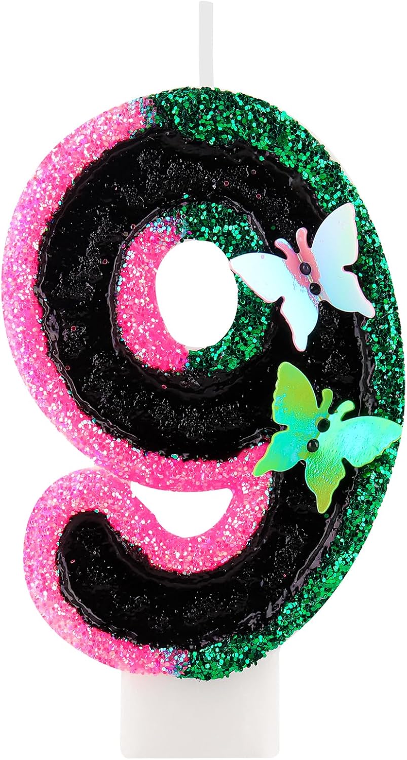 Birthday Number 9 Candles Pink Black and Green Butterfly Birthday Candles for Glitter Cake Topper with Sequins Decorations Girls Women Witch Theme Anniversary Celebrations Supplies