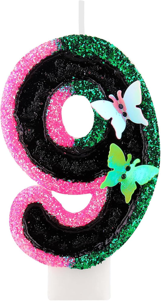 Birthday Number 9 Candles Pink Black and Green Butterfly Birthday Candles for Glitter Cake Topper with Sequins Decorations Girls Women Witch Theme Anniversary Celebrations Supplies