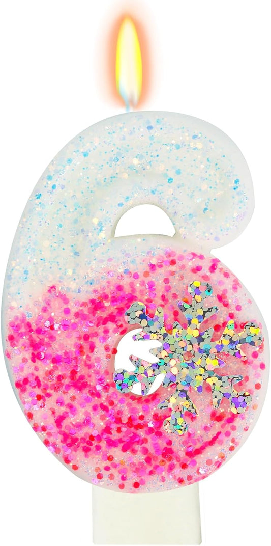 Frozen Themed Birthday Candles, Number 6 Pink Birthday Candle for Party Supplies, Winter Birthday Party Supplies, 2.76 inch Number 6 Cake Topper Decoration