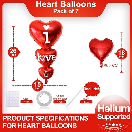 7 Pcs Red Heart Shaped Balloons I Love You Valentine Balloons for Valentines Day Bridal Shower Wedding Party Decorations