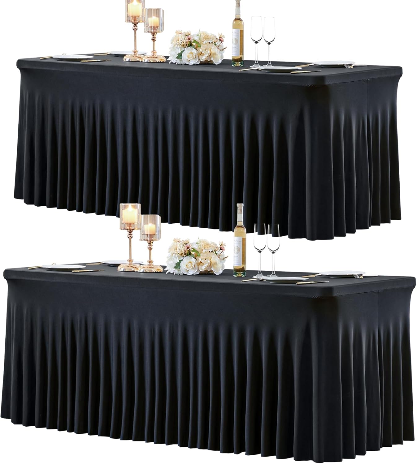 2 Pack Spandex Black Fitted Table Cloth for 6ft Rectangle Tables Black Stretch Tablecloth Table Covers Banquet Table Clothes Wrinkle Free Table Skirt for Parties Wedding