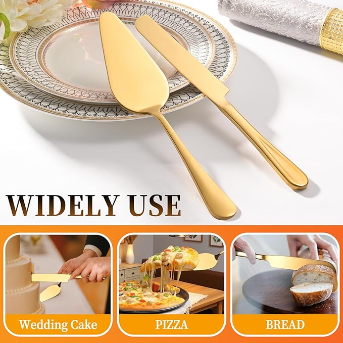 ERVILO Cake Cutting Set for Wedding, Pie Server, Stainless steel Wedding Cake Knife and Server set, Golden Cake Cutter for Birthday, Parties and Events (Gold Serving Set)