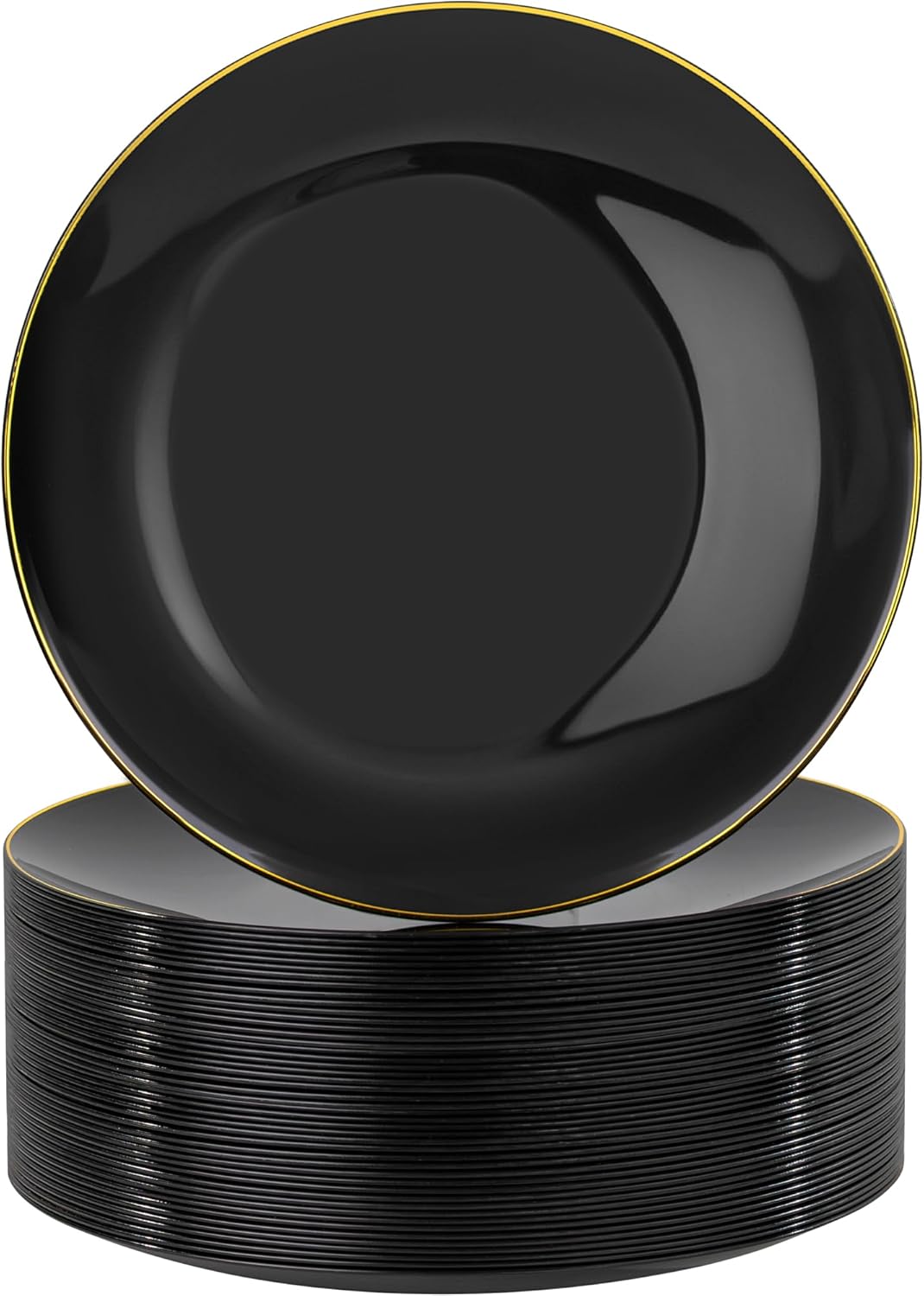 Nervure 100PCS Black and Gold Plastic Plates - 10.25 inch Black Disposable Plates - Gold Rim Dinner Plate - Black Dinner Plate Ideal for Wedding & Party & Halloween