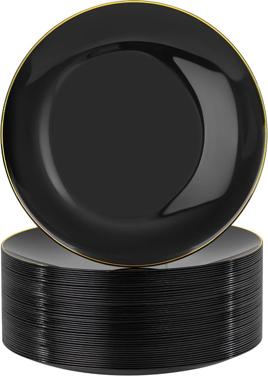 Nervure 100PCS Black and Gold Plastic Plates - 10.25 inch Black Disposable Plates - Gold Rim Dinner Plate - Black Dinner Plate Ideal for Wedding & Party & Halloween