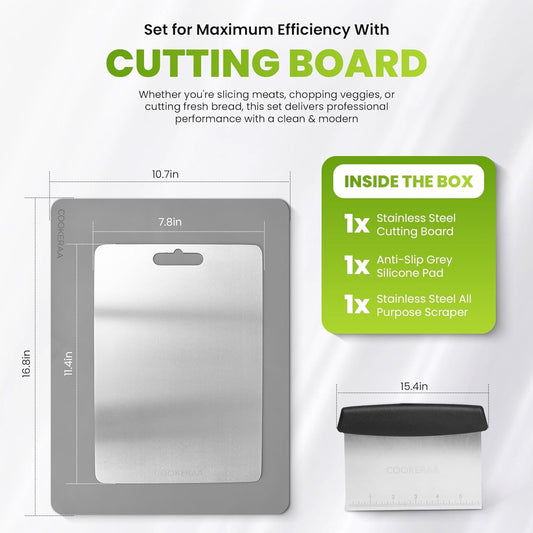 Titanium Cutting Board with Anti-Slip Silicone Pad & Multipurpose Scraper, Food Grade Rustproof Stainless Steel Cutting Board Kitchen Set, Space Saving Design, Non-Skid Bottom (11.4" x 7.8")