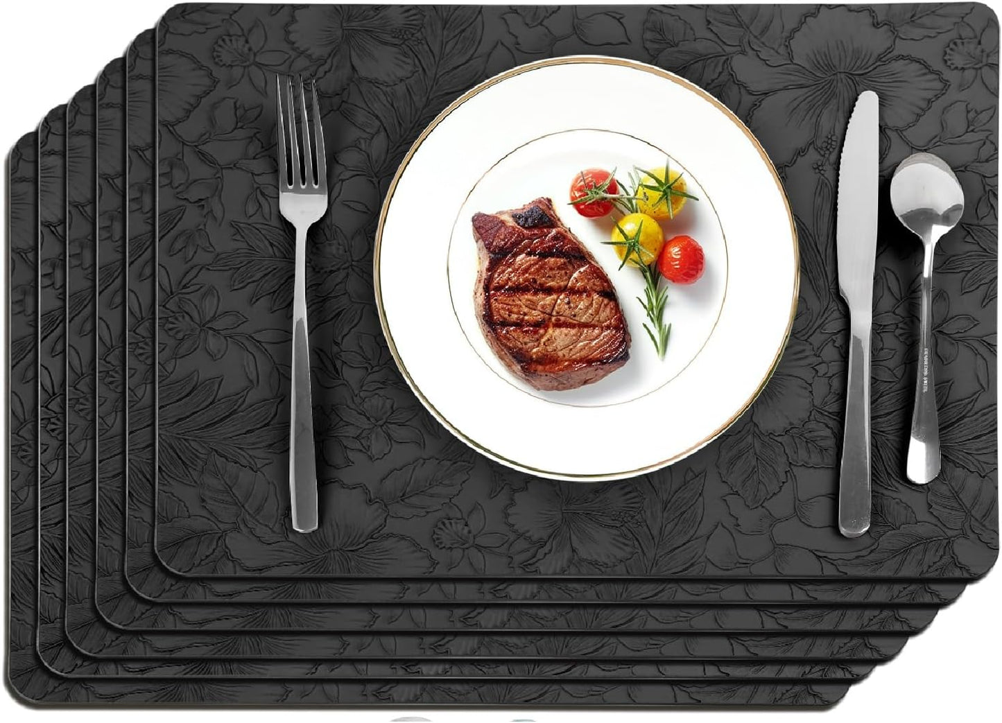 17" × 12" Faux Leather Placemats Set of 6, Black, Washable, Wipeable & Heat-Resistant Table Mats, Waterproof & Anti-Slip Dining Place Mats with Shallow Embossed Texture for Kitchen & Dining & Outdoor