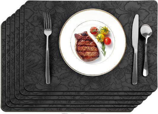 17" × 12" Faux Leather Placemats Set of 6, Black, Washable, Wipeable & Heat-Resistant Table Mats, Waterproof & Anti-Slip Dining Place Mats with Shallow Embossed Texture for Kitchen & Dining & Outdoor