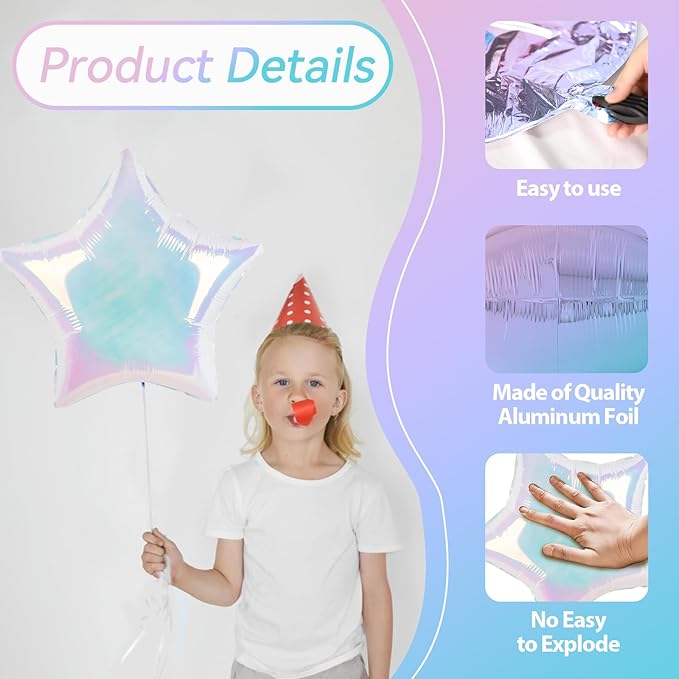 10PCS Iridescent Laser Star Foil Balloons, Transparent Laser Foil Stars Shape Balloons, 18 Inch Colorful Stars Balloon Aluminum for Helium for Birthday, Baby Shower, Wedding Party Decoration