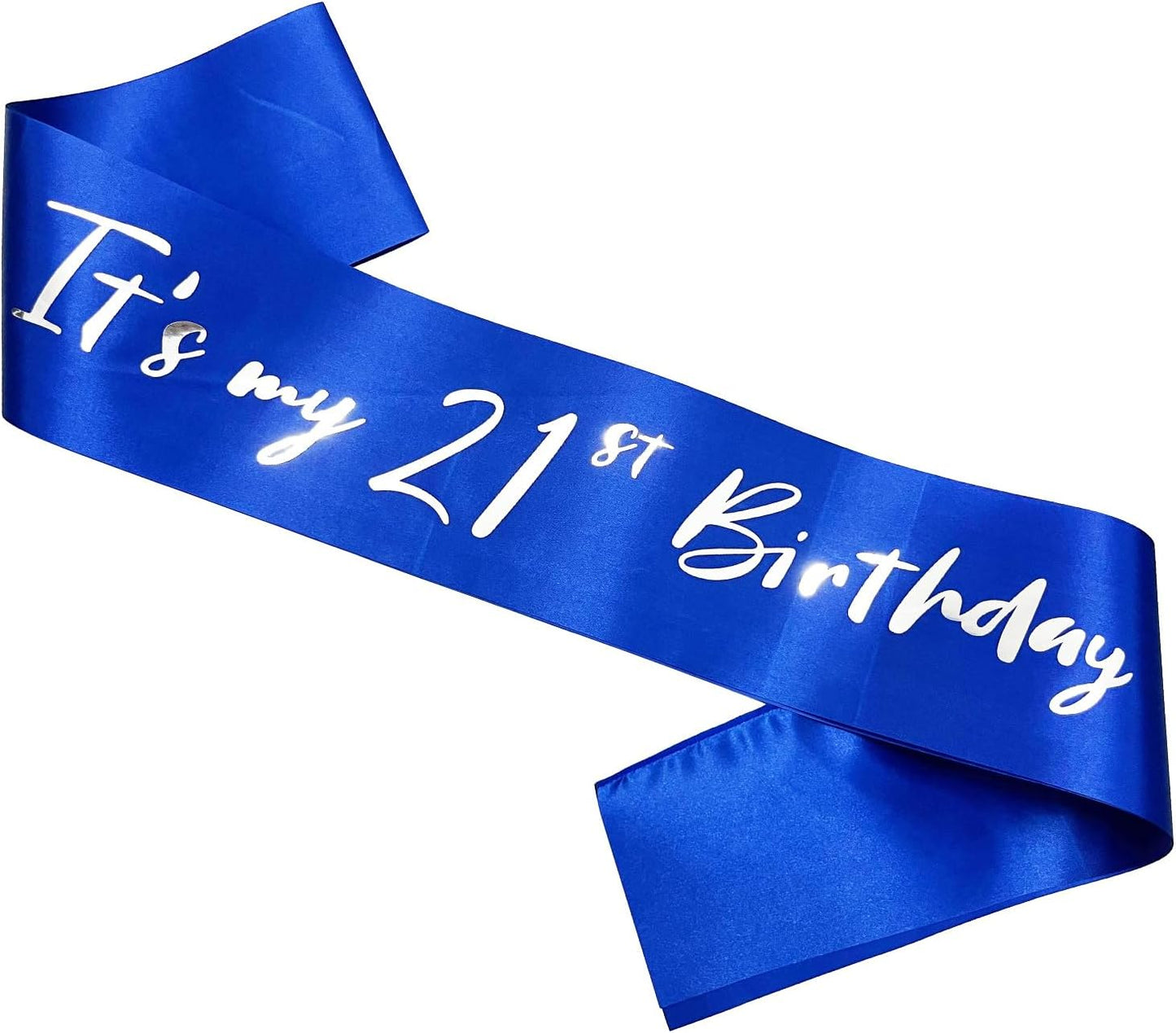 21st Birthday Sash, Blue Satin Soft Sashes with Silver Foil Letter, Birthday Decorations for Girls or Boys, Happy 21st Birthday Party Favor Supplies,Blue Silver