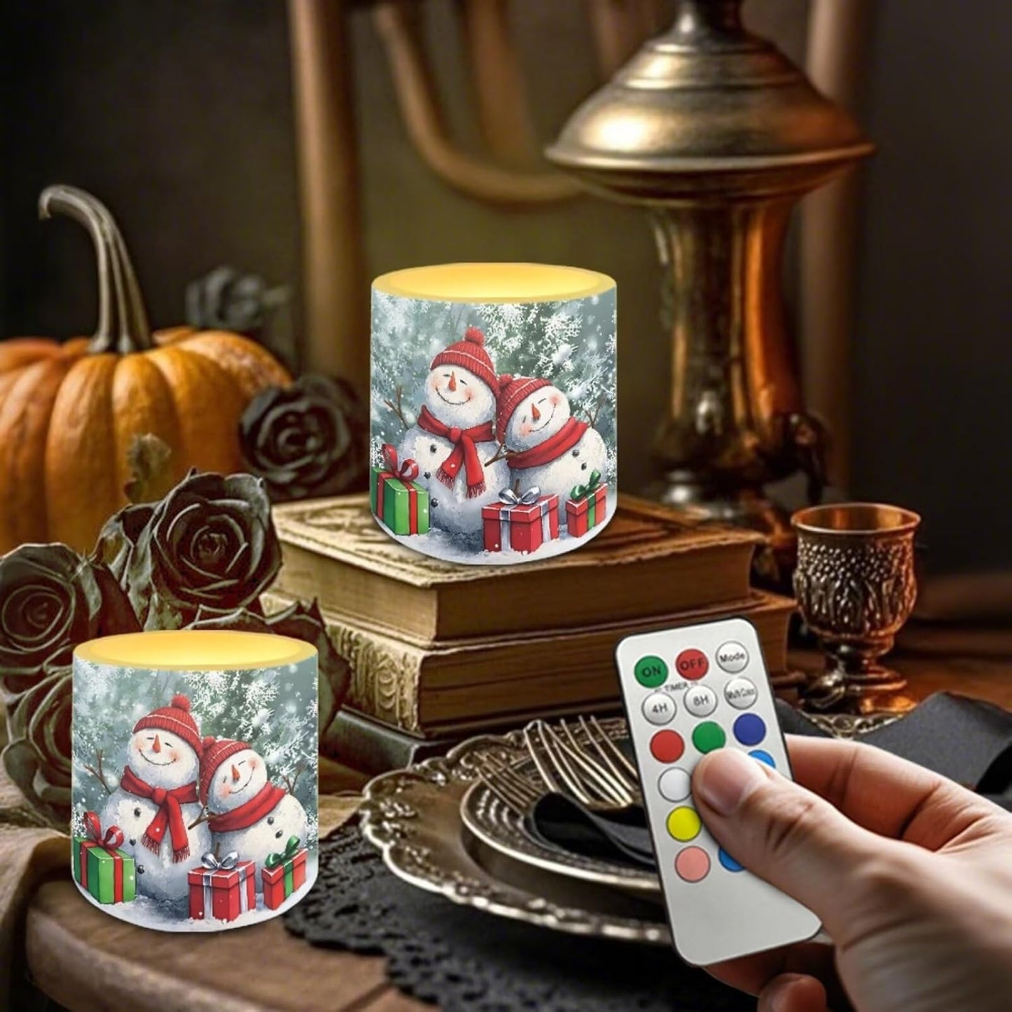 Poceacles Christmas Decor Flameless LED Candles 4 Pack with Remote Control, Battery-Powered, Flickering Effect, with 12 Color Changing, Holiday Party Decoration, Snowman Snowy Fir Tree Pattern